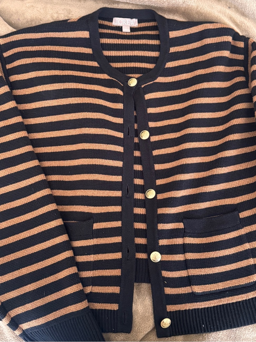 J.Crew Striped Knit Cardigan in Navy and Tan